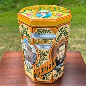 Vintage Colorful Octagonal Hague's Pretzel Decorative Storage Tin Container